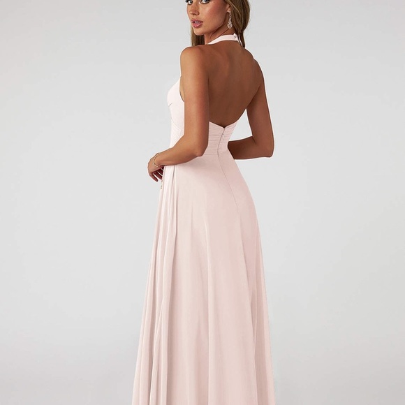 Azazie LongTessie Dress in “Rose Petal” women’s 2 pink chiffon wedding V Neck - Picture 3 of 9